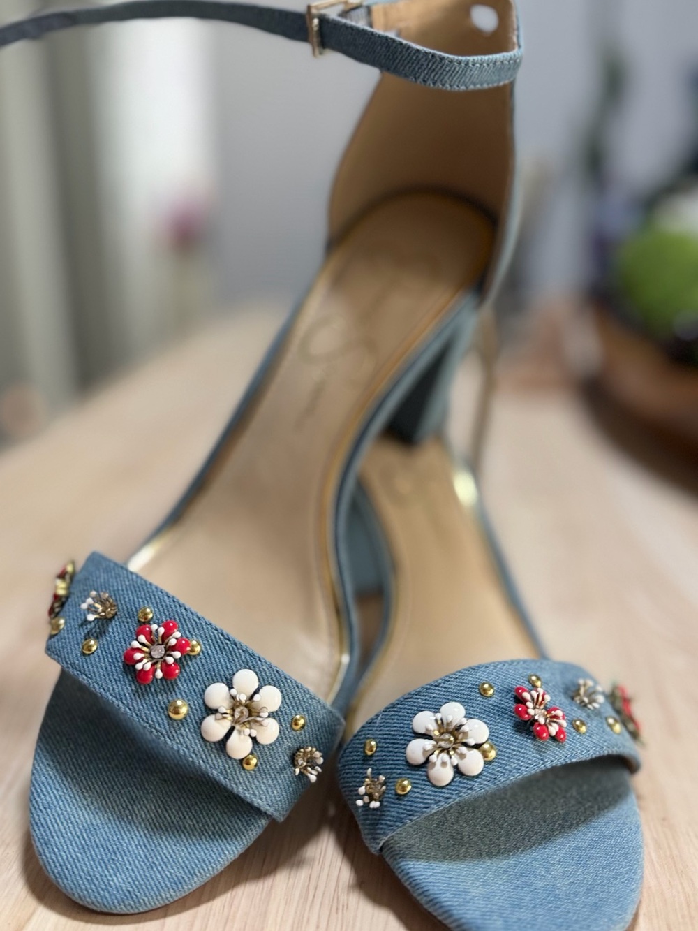 Jessica Simpson Blue Denim Floral Embellished Block-Heel Sandals